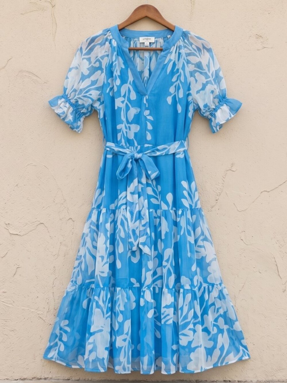 Umgee Floral Print Tie Waist Midi Dress with Side Pockets